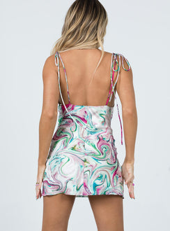 back view of model wearing Princess Polly Cherish Mini Dress Multi Swirl 