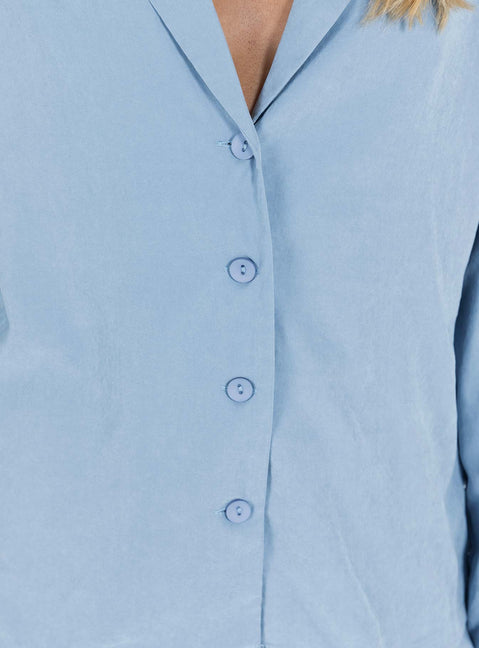 Blue matching set Soft brushed material Long sleeve shirt Lapel collar Button fastening at front Pants Elasticated waistband Straight leg Non-stretch Unlined