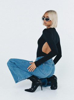 side view of model wearing Princess Polly Tarrick High Neck Bodysuit Black Full Sleeves High Neck 