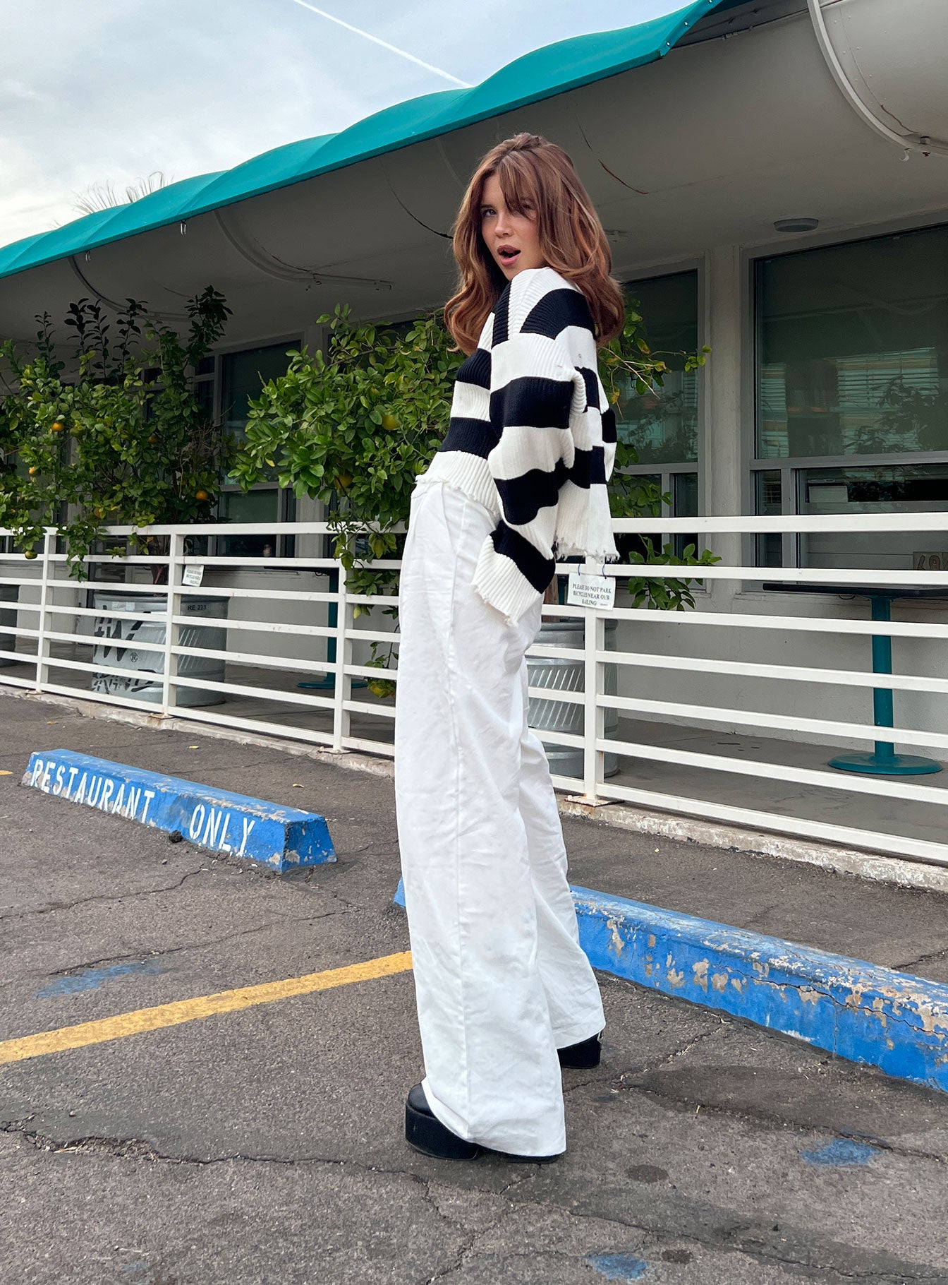 Black and white store striped linen pants