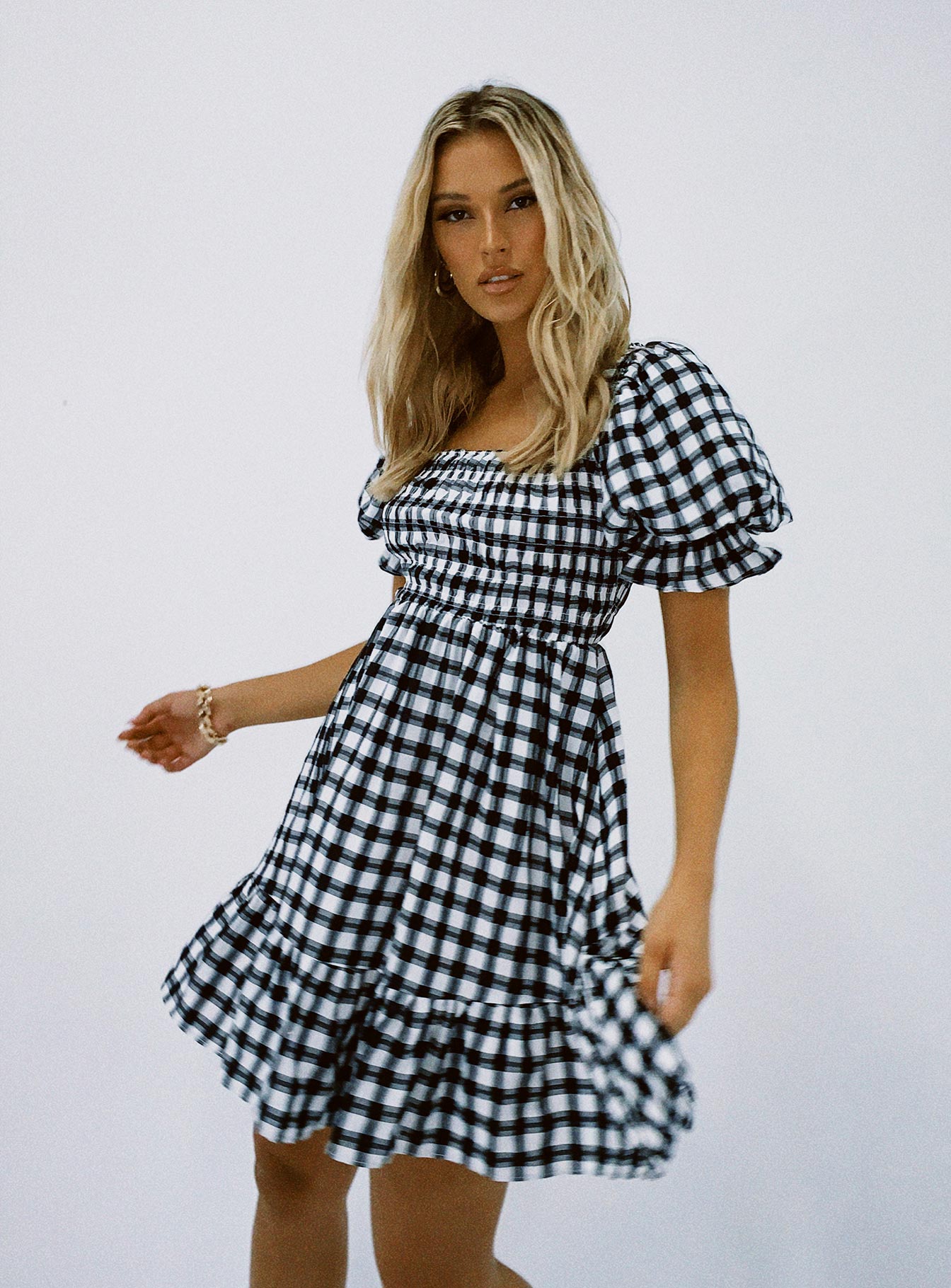 side view of model wearing Princess Polly Adelio Mini Dress Black / White 