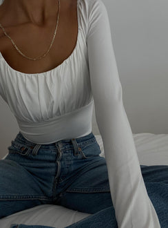 back view of model wearing Princess Polly Ailish Bodysuit Full Sleeves Scoop Neck 