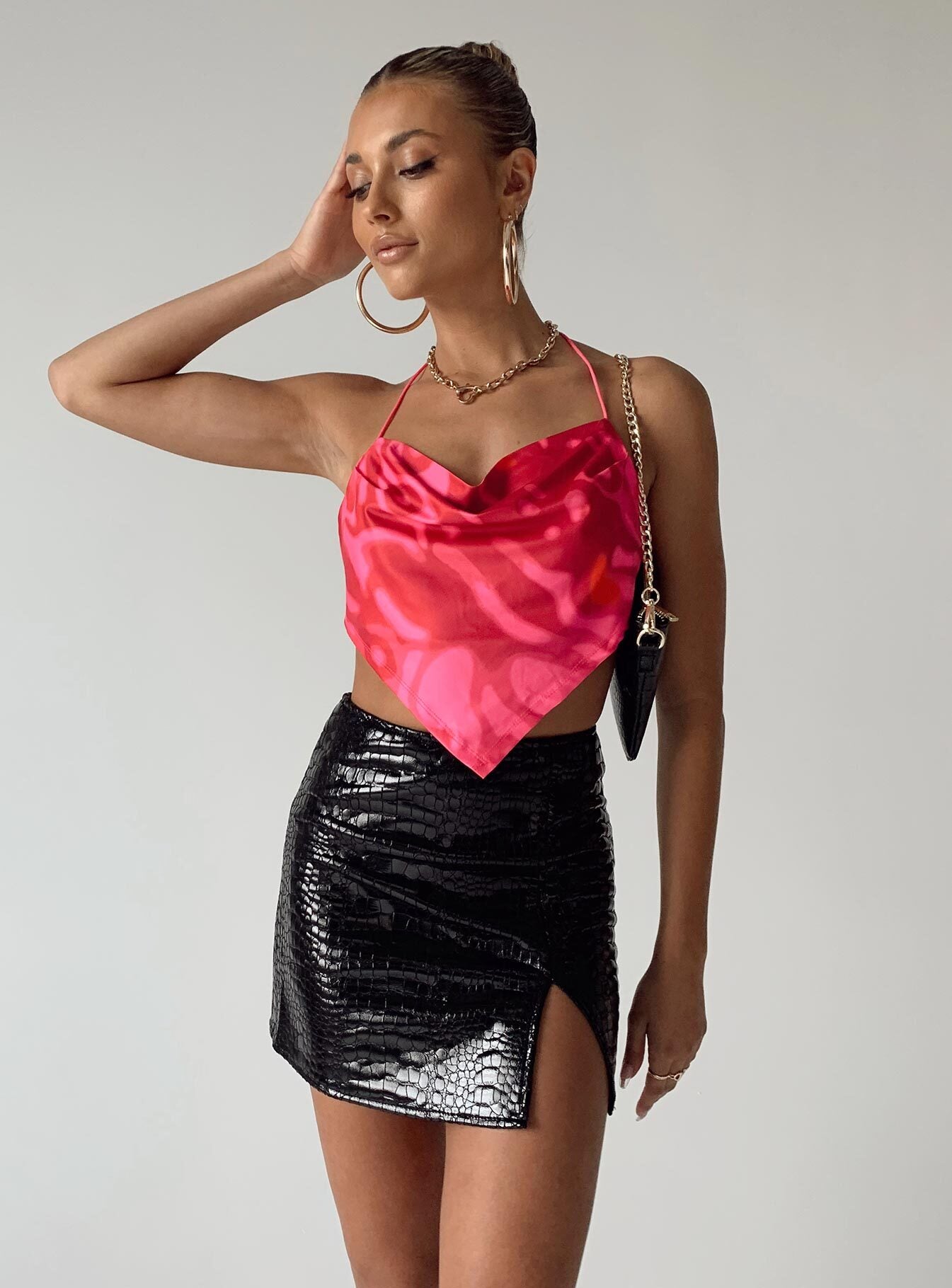   front view of model wearing Princess Polly The Wren Mini Skirt Black Croc Mini Skirts 