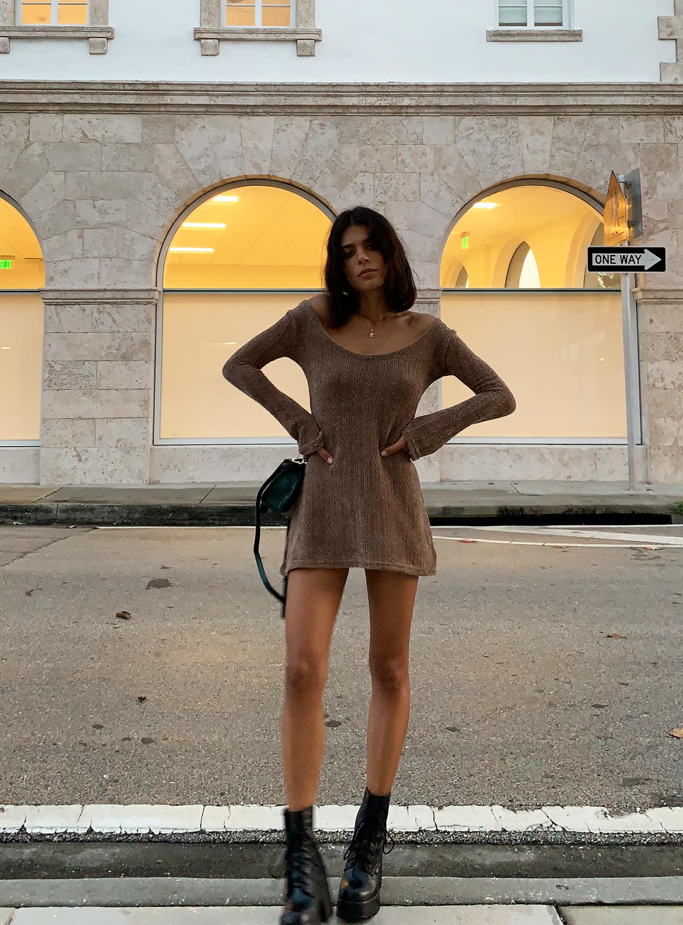 front view of model wearing Princess Polly Boho Babe Mini Dress Mocha 