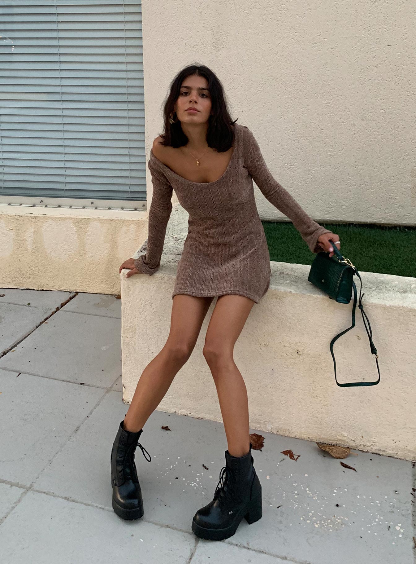 front view of model wearing Princess Polly Boho Babe Mini Dress Mocha 