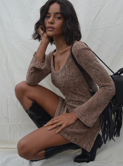 side view of model wearing Princess Polly Boho Babe Mini Dress Mocha 