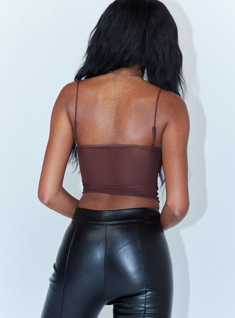 back view of model wearing Princess Polly Shine Bright Crop Top Brown 