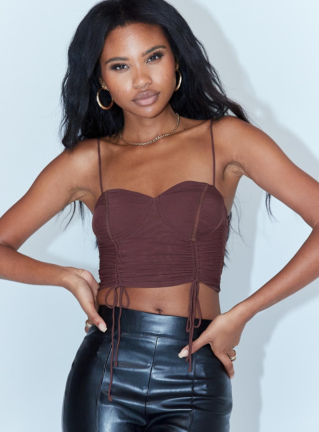 front view of model wearing Princess Polly Shine Bright Crop Top Brown 