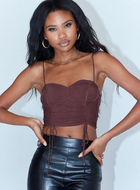 front view of model wearing Princess Polly Shine Bright Crop Top Brown 