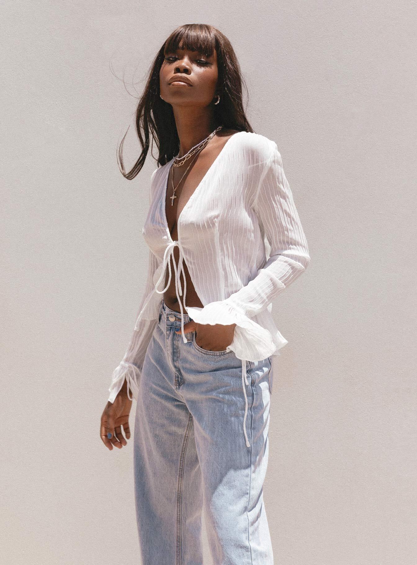 back view of model wearing Princess Polly Brody Long Sleeve Top White 