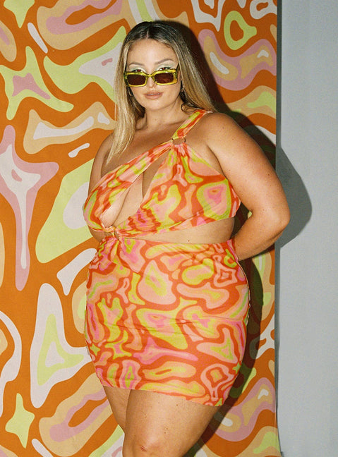 back view of model wearing Princess Polly Greater Power Mini Dress Multi Curve 