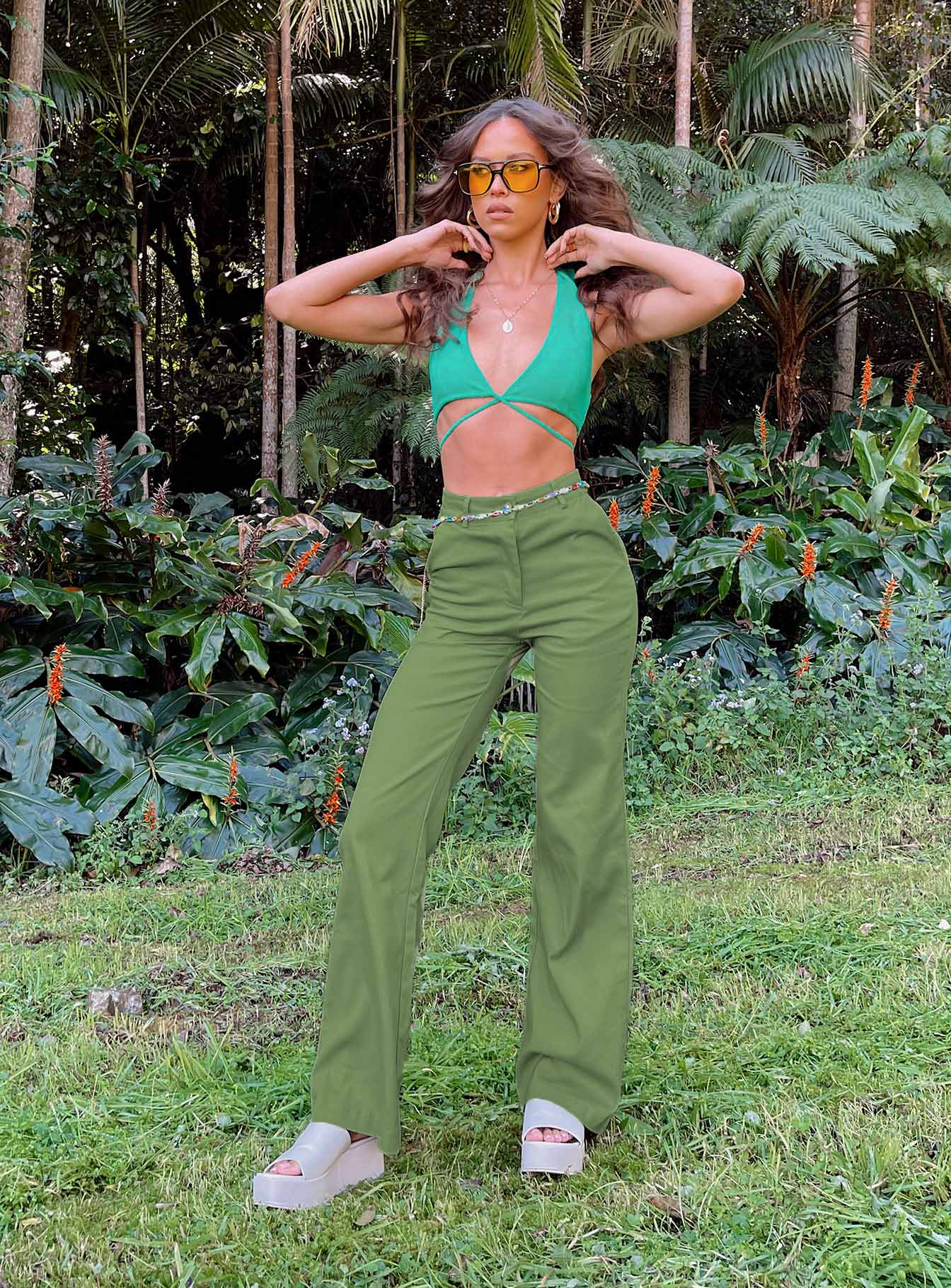 front view of model wearing Princess Polly Carson Pants Green 