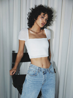 Front view of model wearing  front Princess Polly Half Sleeves Square Neck  City Lights Crop Top