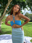 Front view of model wearing  front Princess Polly Sleeveless Square Neck  Clarke Top Blue