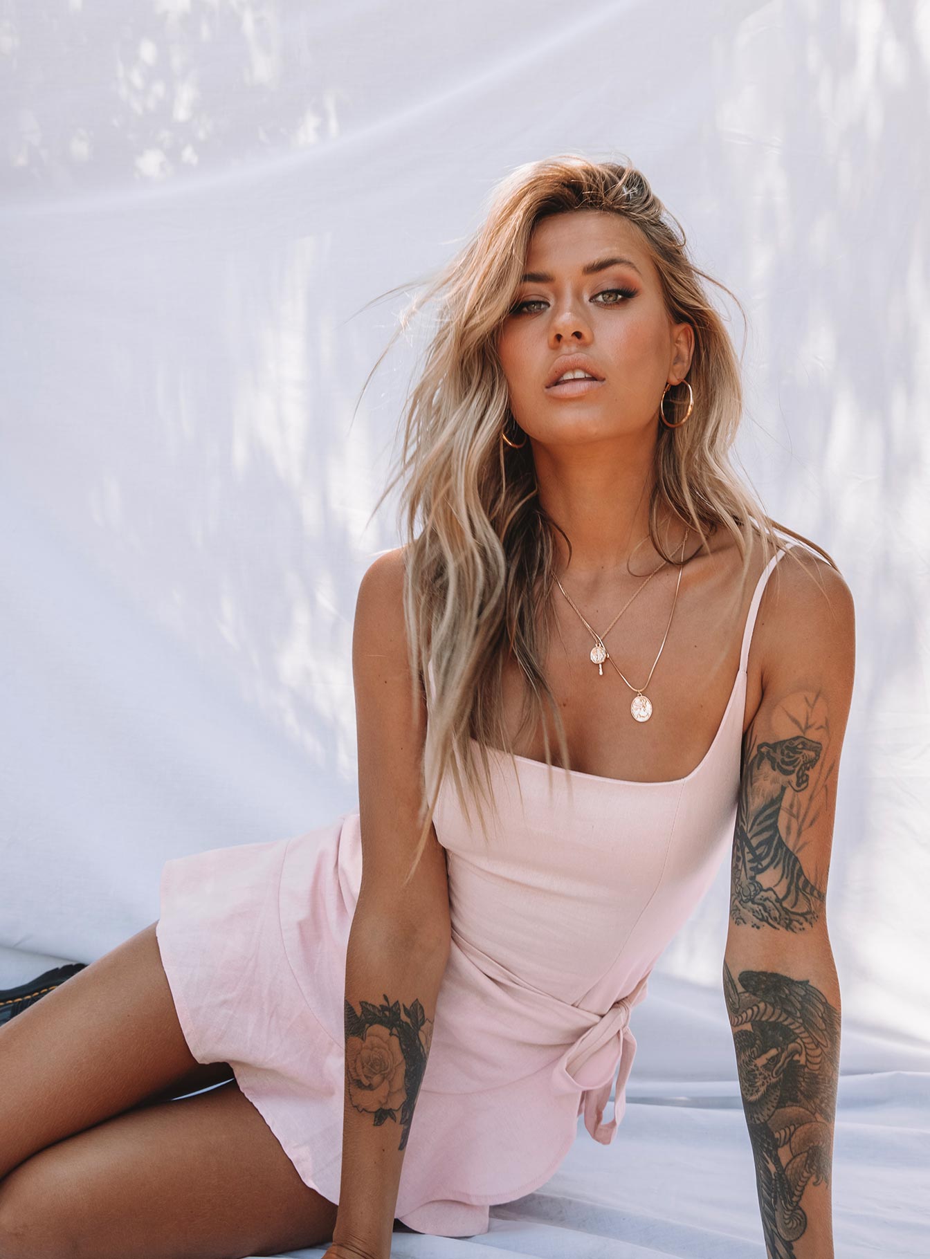 side view of model wearing Princess Polly Cottage Hill Mini Dress Blush 