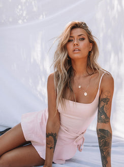 side view of model wearing Princess Polly Cottage Hill Mini Dress Blush 