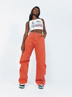 front view of model wearing Princess Polly Miami Vice Pants Red Mid Rise 