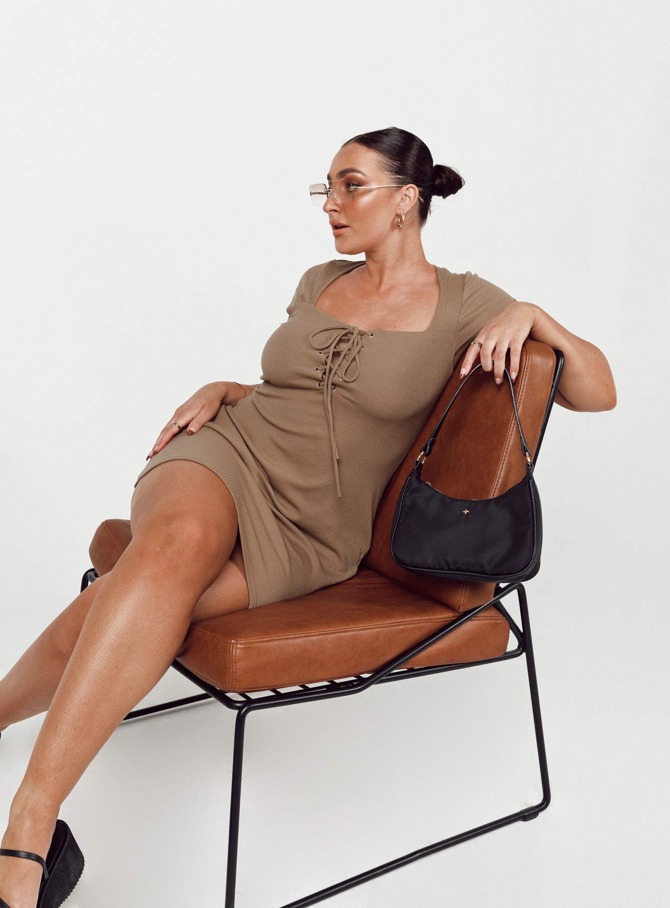 back view of model wearing Princess Polly Caleb Mini Dress Brown 