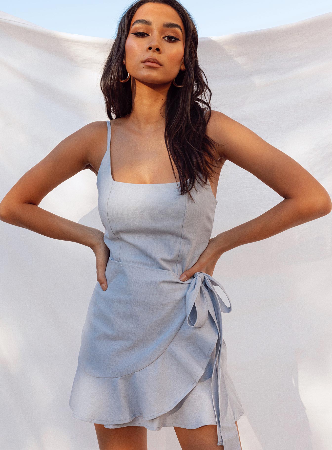 Front view of model wearing  front Princess Polly Square Neck  Cottage Hill Mini Dress Baby Blue