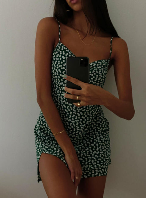 front view of model wearing Princess Polly Cylia Mini Dress Forest Green 