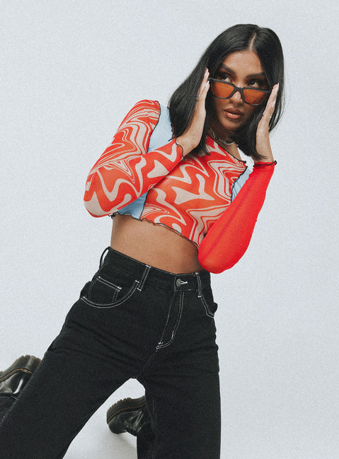 front view of model wearing Princess Polly Division Long Sleeve Top Multi 