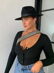 side view of model wearing Princess Polly Barlise Bodysuit Black Full Sleeves V-Neck 