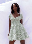 front view of model wearing Princess Polly Daniella Floral Mini Dress Green 