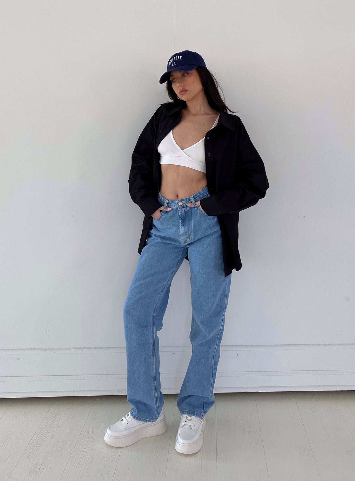 front view of model wearing Princess Polly Eugene Straight Leg Denim Jeans High Waisted 