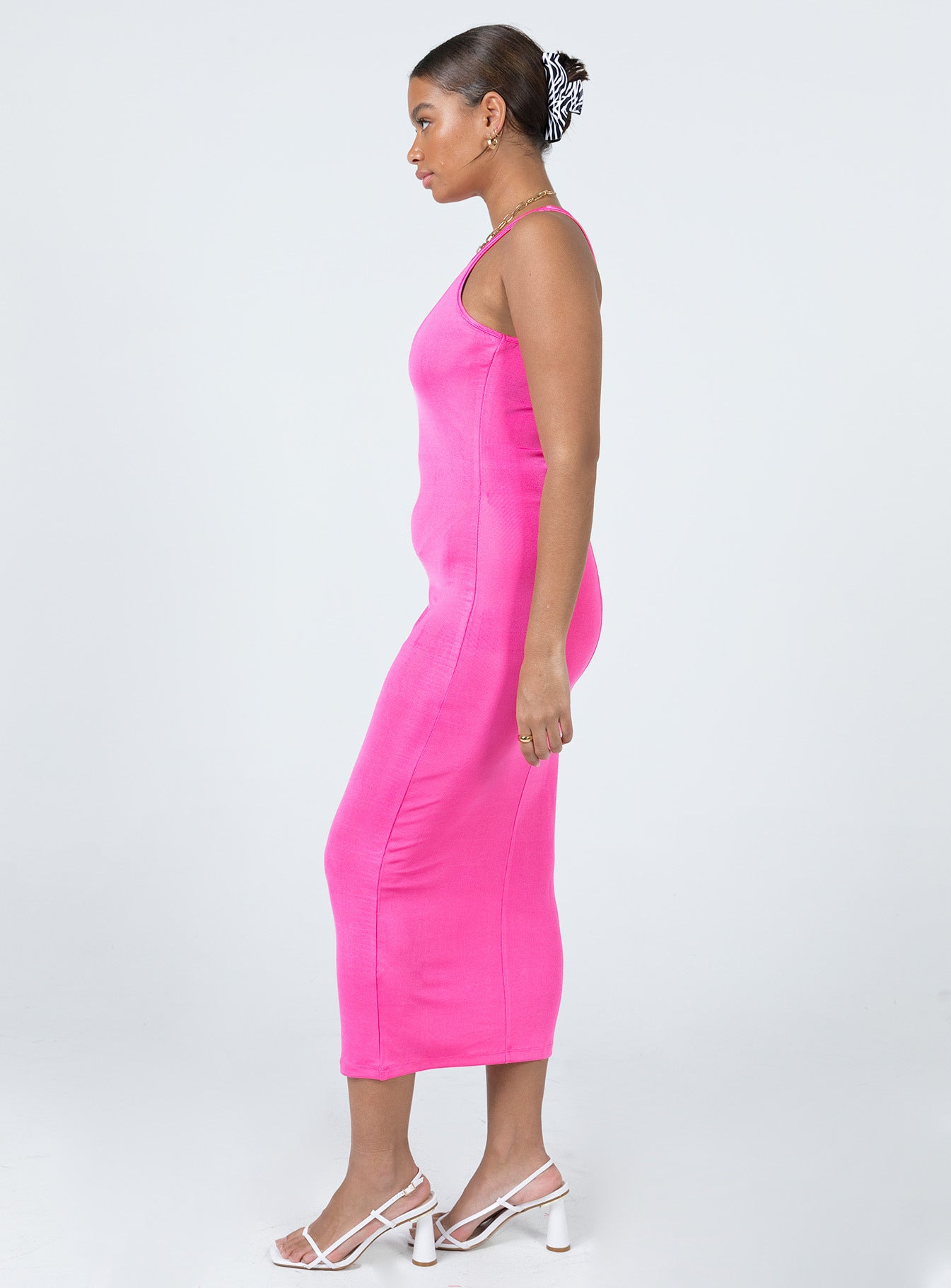 side view of model wearing Princess Polly Everlast Midi Dress Hot Pink 
