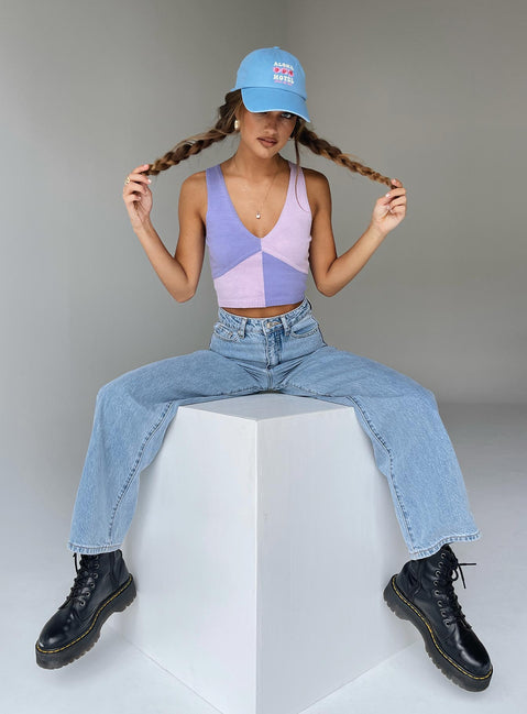 front view of model wearing Princess Polly Faiyaz Top Purple / Lilac 