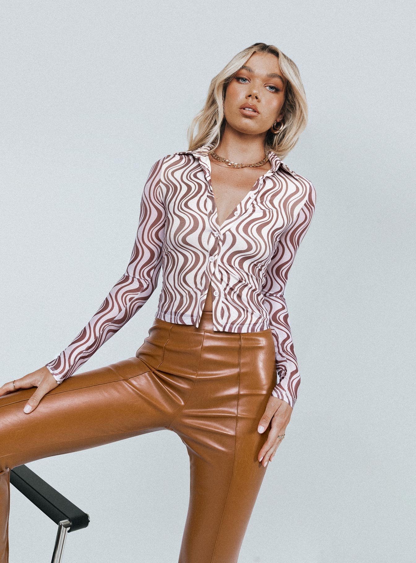 back view of model wearing Princess Polly Ginny Long Sleeve Top Brown / Beige 