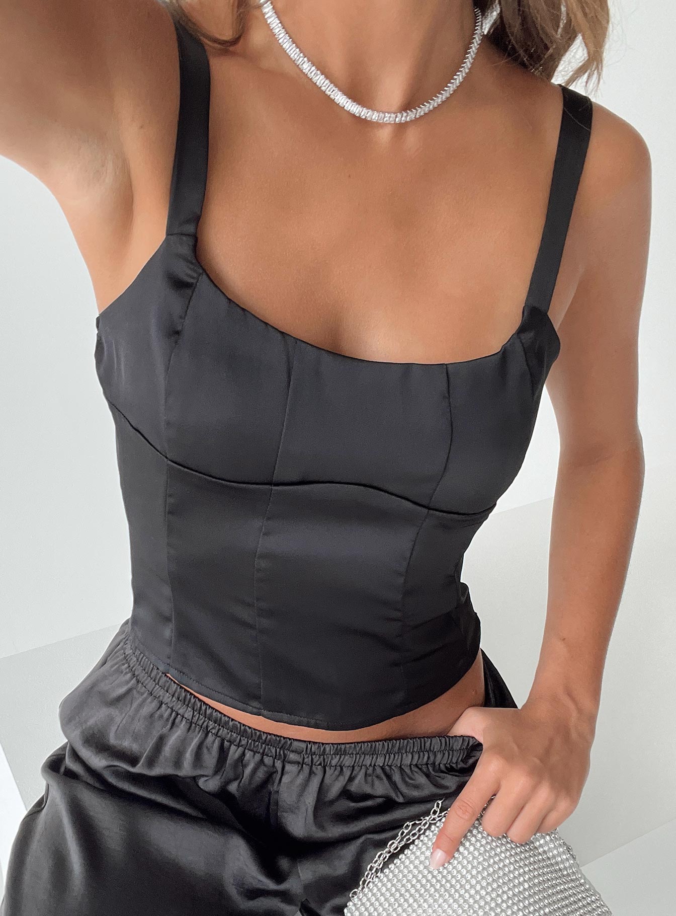 product Princess Polly Sleeveless Square Neck  Golda Satin Corset Top Black