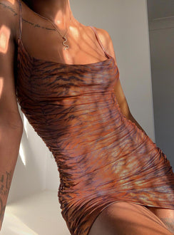 back view of model wearing Princess Polly Harlan Mini Dress Brown 