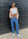 front view of model wearing Princess Polly Holly Asymmetric Straight Leg Jean Mid Wash Denim Mid Rise 