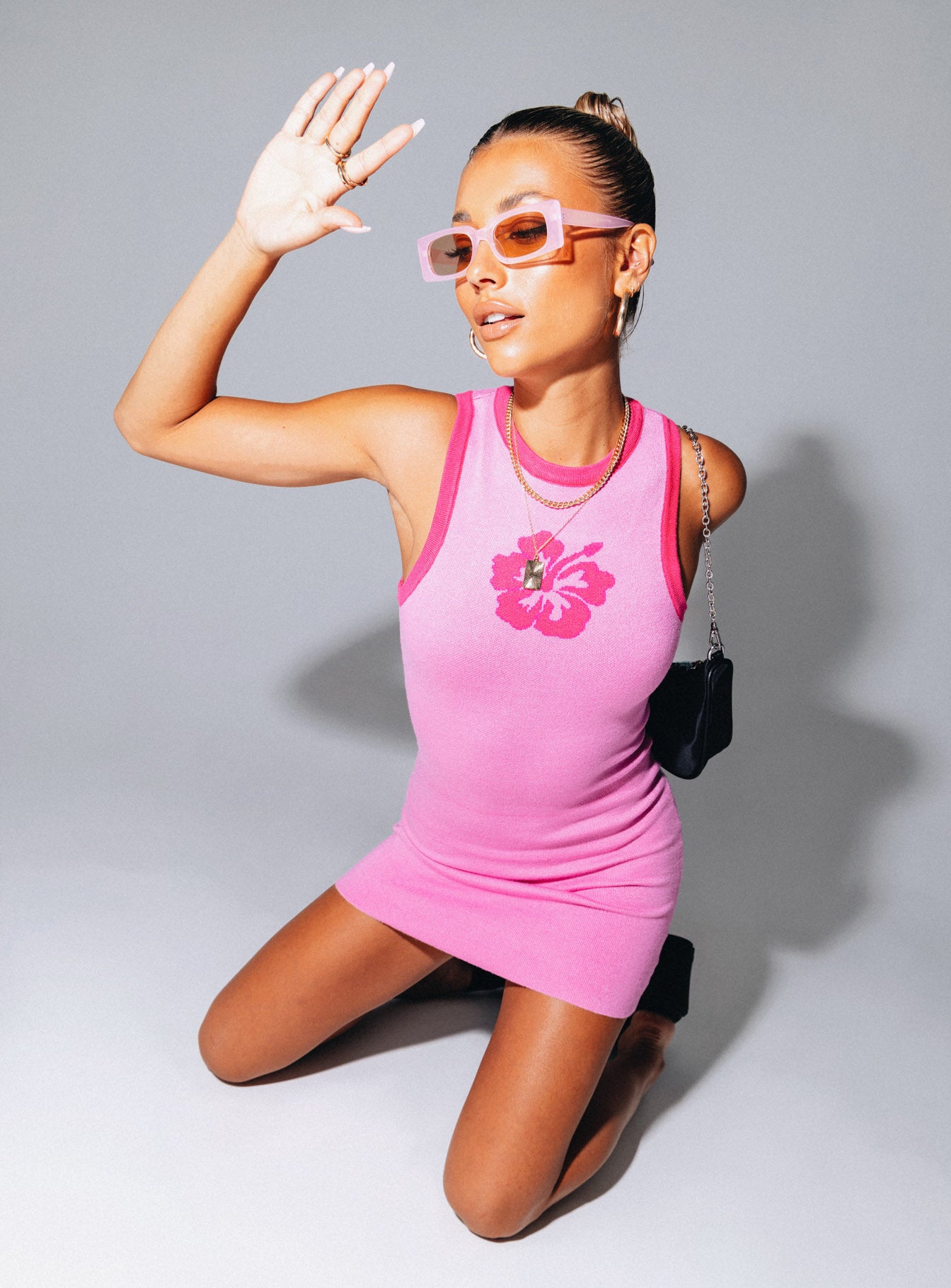 front view of model wearing Princess Polly Hibiscus Honey Mini Dress Pink 