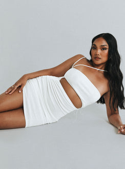 side view of model wearing Princess Polly Imelda Mini Dress White 