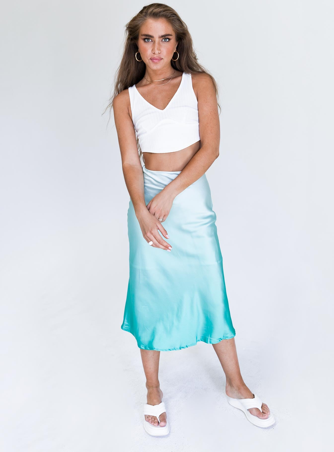   front view of model wearing Princess Polly Seabreeze Midi Skirt Green 