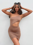 front view of model wearing Princess Polly Mia Asymmetrical Mini Dress Brown 