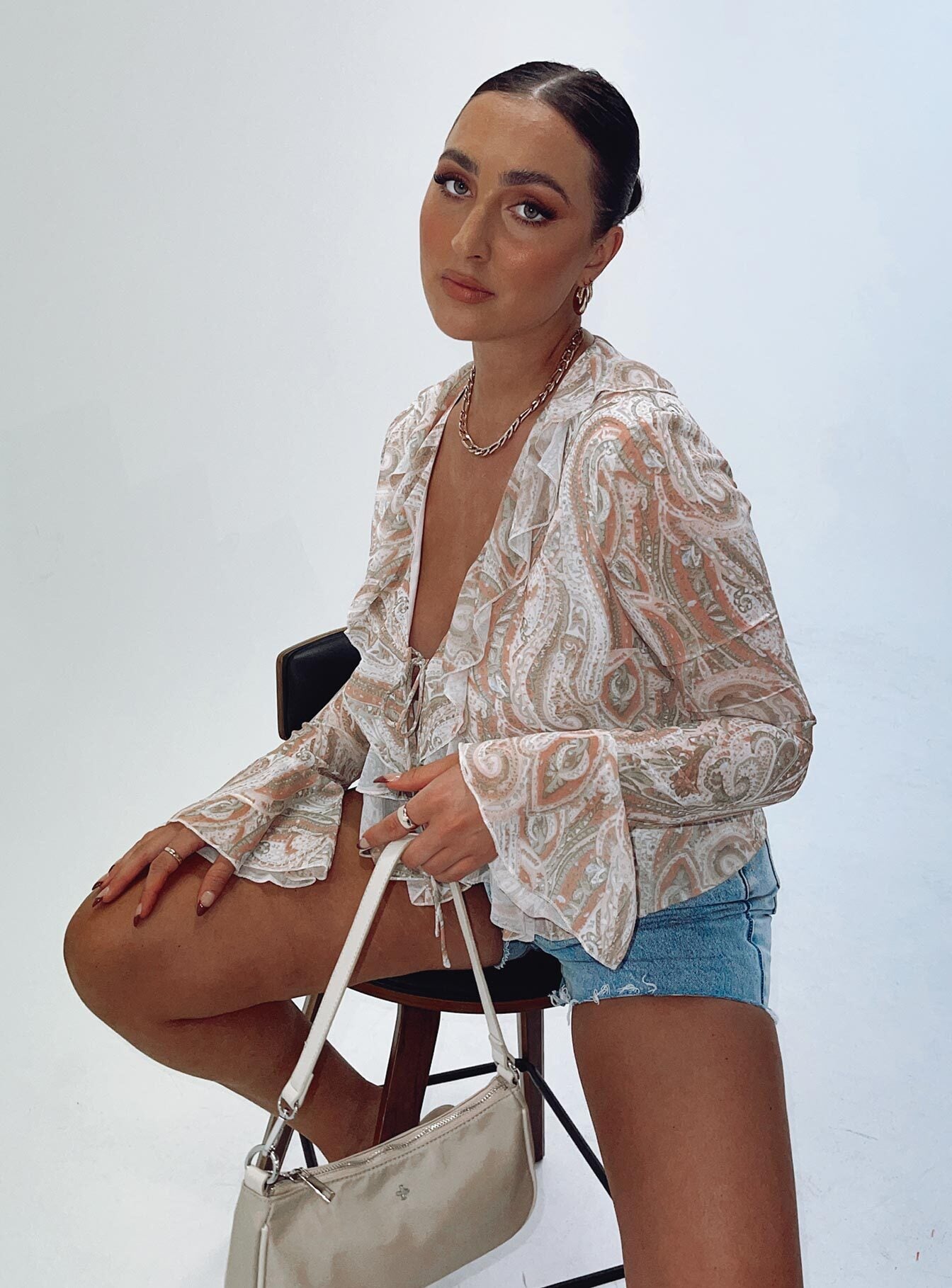 side view of model wearing Princess Polly Lucia Shirt Multi 