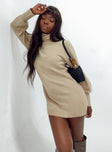 Front view of model wearing  front Princess Polly High Neck  Zahara Sweater Mini Dress Beige