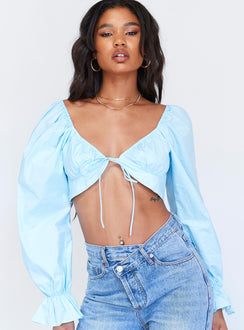 front view of model wearing Princess Polly Aldona Long Sleeve Top Blue 