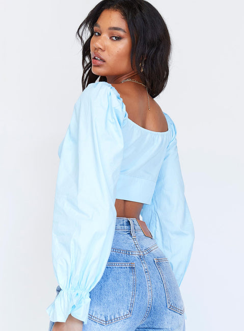 back view of model wearing Princess Polly Aldona Long Sleeve Top Blue 