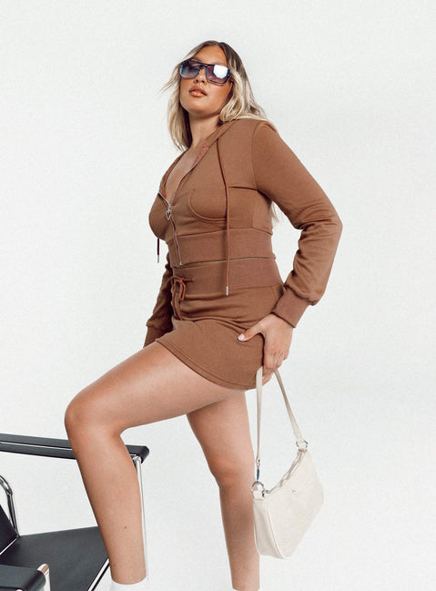   side view of model wearing Princess Polly Jaded Y2k Terry Mini Skirt Brown 