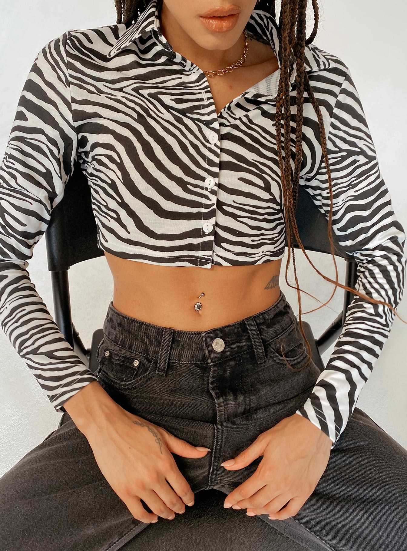 front view of model wearing Princess Polly Jayla Long Sleeve Top Black / White 