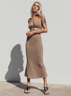 side view of model wearing Princess Polly Jocelyn Cut Out Midi Dress Brown 