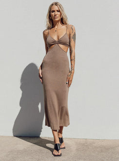 front view of model wearing Princess Polly Jocelyn Cut Out Midi Dress Brown 