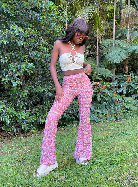 front view of model wearing Princess Polly Karmen Chevron Knit Flare Pants Pink 