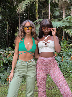 front view of model wearing Princess Polly Karmen Chevron Knit Flare Pants Pink 