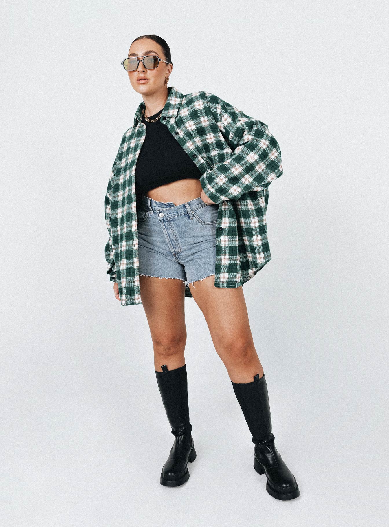 front view of model wearing Princess Polly Ken Checkered Shirt Green 