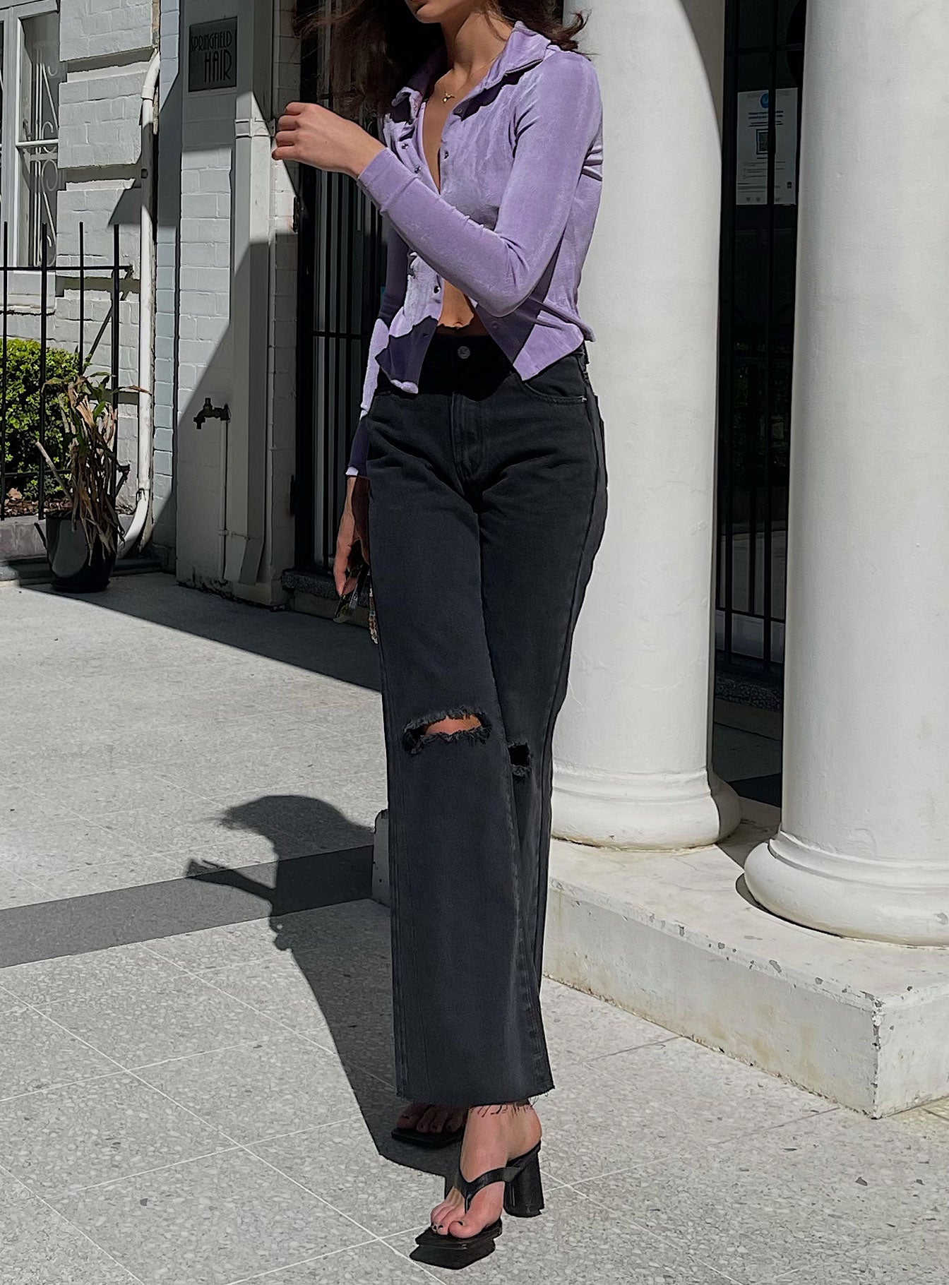 back view of model wearing Princess Polly Londyn Denim Jeans Black Mid Rise 